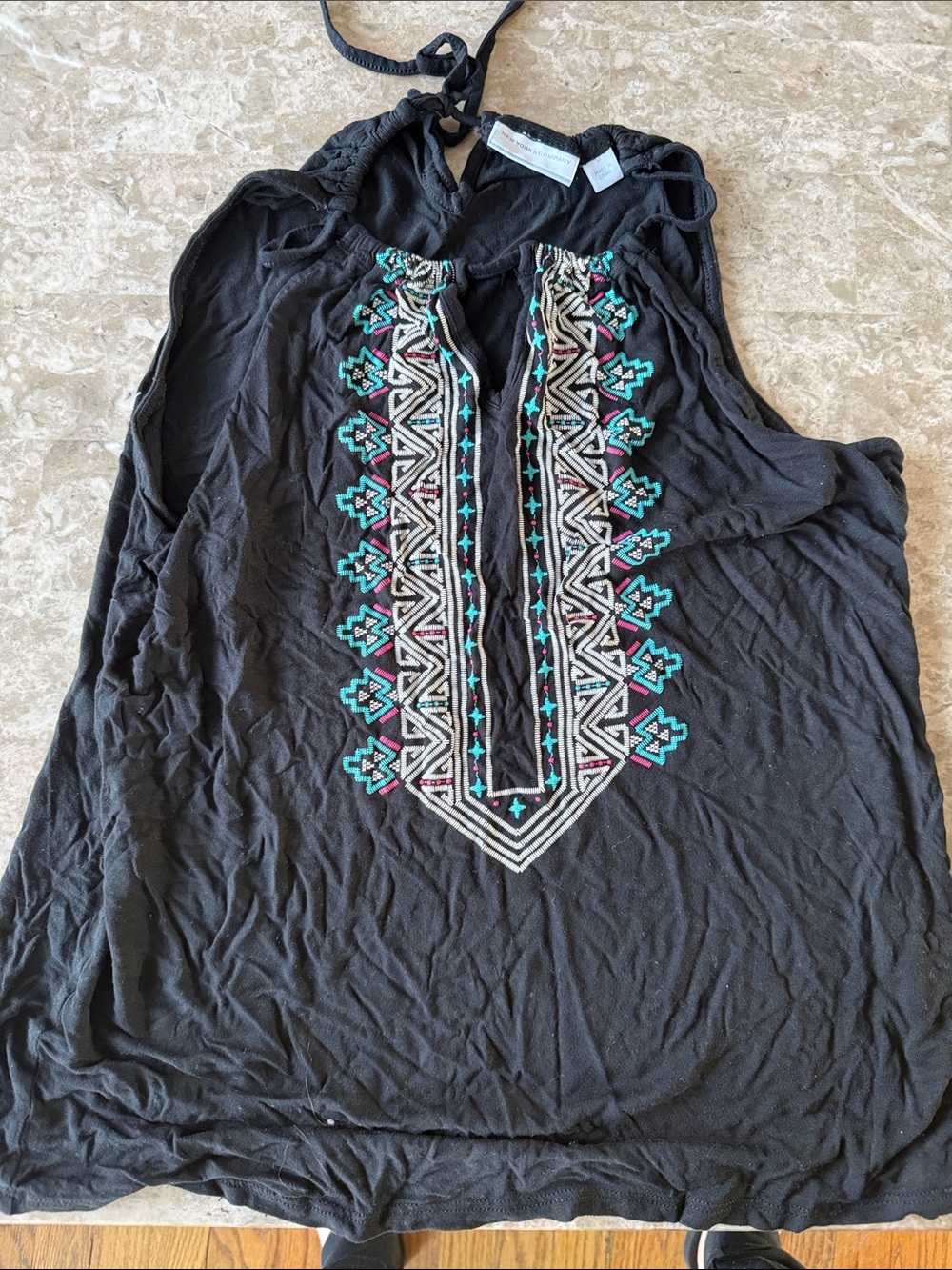 New York & Company Black Halter Tank with Teal & Pink Embroidery